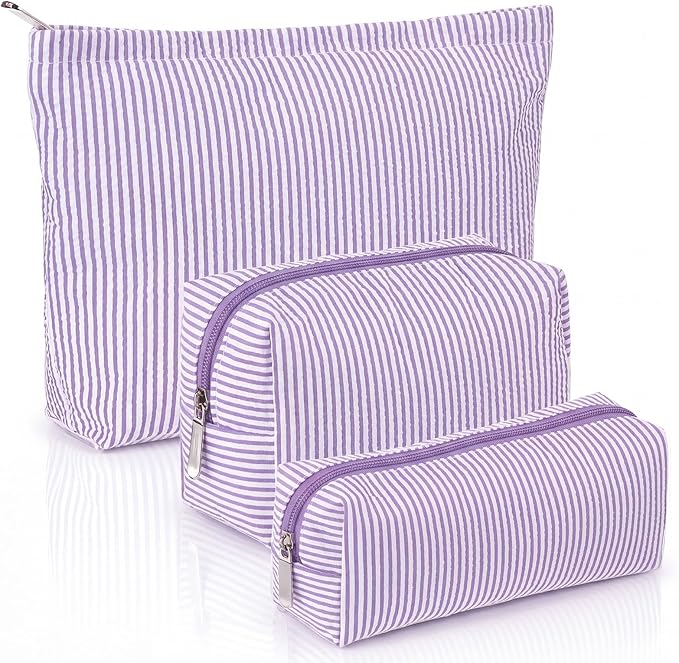 Huhumy 3 Pcs Makeup Bag Set Cute Stripe Cosmetic Pouch for Women Aesthetic Seersucker Travel Toiletry Bag Set Preppy Small Makeup Purse Pouch Cosmetic Organizer Pencil Case with Zipper(Purple)