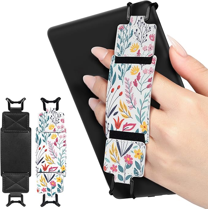 MoKo 2 Pack Security Hand Strap for 6-8" Kindle eReaders Fire Tablet -Kindle/Kobo/Voyaga/Lenovo/Sony E-Book Tablet, High-Elasticity Versatile Hand Strap Lightweight Finger Grip Holder, Black+Flower
