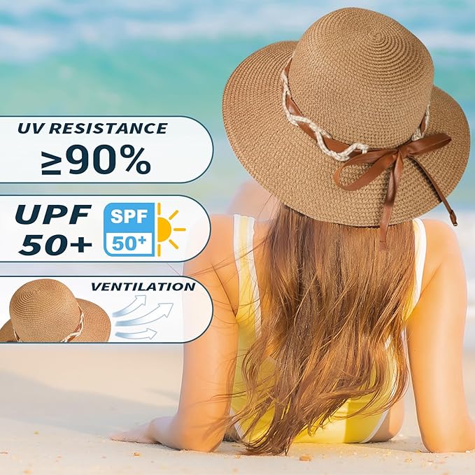 Beach Hat for Women, Wide Brim Sun Straw Hats for Women, Sun Hat Womens UPF 50+ UV Protection, Floppy Foldable Summer Hats