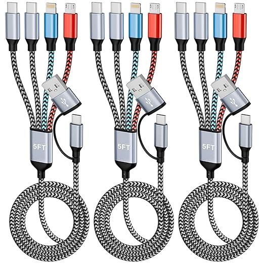 USB A/C Multi Charging Cable, 4in2 USB Cable with Dual Type-C/IP/Micro USB, 5FT Travel Charger for Multiple Devices, Phone Charger Cord for iPhone 17/16/15/14, Galaxy, Android Tablet Pad，3Pack