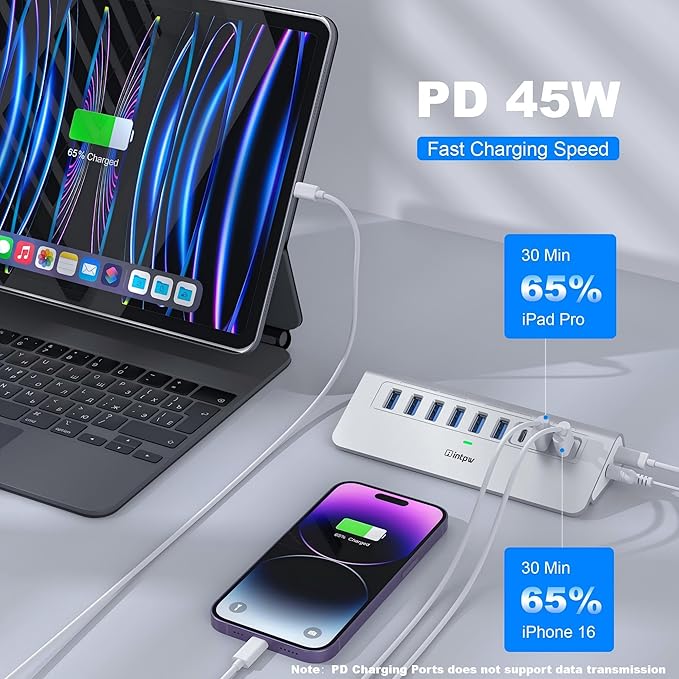 Powered USB Hub 10Gbps, intpw YH6AC 9-Port USB 3.2 /USB C Hub with USB A/USB C 3.2, 4 USB 3.0, 2 PD 45W Charging Port, 65W Power Adapter + 5FT Cable, Aluminum USB Hub for PC, iPhone 17/16/15/Laptop