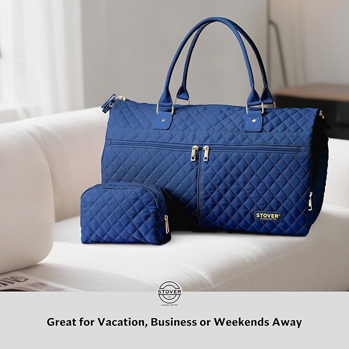 STOVER Women’s Convertible Garment Duffel Bag for Travel – 2-in-1 Carry-On Weekender/Overnight Tote - Wrinkle-Free Dresses, Suits & Clothes + Shoe Compartment & Bonus Toiletry Bag (Sapphire Blue)