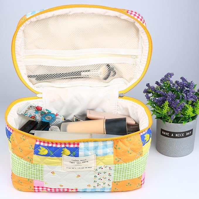 VIWIME Makeup Cosmetic Bag, Large Cotton Quilted Travel Coquette Aesthetic Cute Floral Make up Bag for Women Toiletry Bag Organizer (108- Puzzle / 2Pcs)