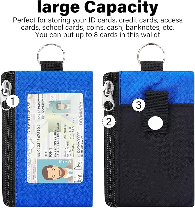 Minimalist Small Wallet for Men Women with 2 Zip Pockets, Multi Functional ID Case with Keychain and Card Holder, Coin Purse Badge Lanyard Pouch for Boys Girls Travel -Black+DarkBlue
