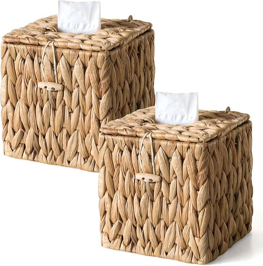 2 Pack Rattan Tissue Box Cover with Lid, Wicker Tissue Box Holder Square, Hand Woven Cube Tissue Box Cover Tissue Holder for Bathroom Living Room Kitchen Office, Natural