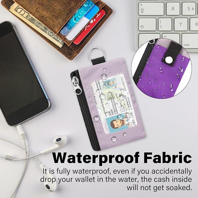 Minimalist RFID Blocking Wallet with Lanyard, Functional ID Case with 2 Zipper Pockets and Key Chain for Men and Women, Tactical Badge Pouch Cards Holder, Coin Purse for Travel Sports-Purple