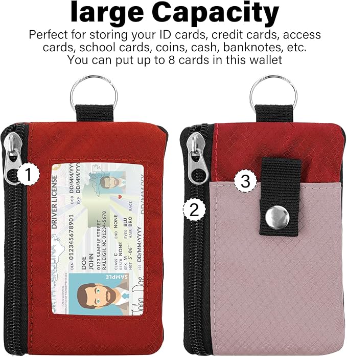 Minimalist Small Wallet for Men Women with 2 Zip Pockets, Multi Functional ID Case with Keychain and Card Holder, Coin Purse Badge Lanyard Pouch for Boys Girls Travel - Red&Pink