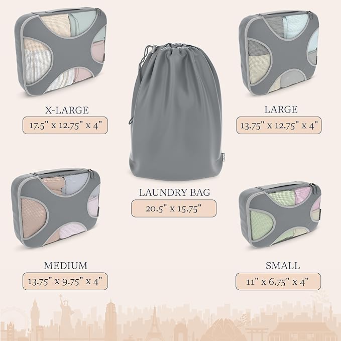 Shacke 5 Set Packing Cubes for Travel – Luggage Organizer & Suitcase Bags with Laundry Bag, Carry On Packing Organizer, Travel Accessories for Women Men (Charcoal Gray)