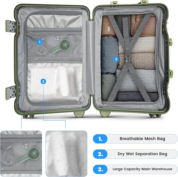 20 Inch Carry on Luggage with Cup Holder, Airline Approved 22x14x9 Aluminum Frame PC Hard Shell Suitcase, 360° Spinner Wheels, TSA Lock for Short Trips and Business Travel