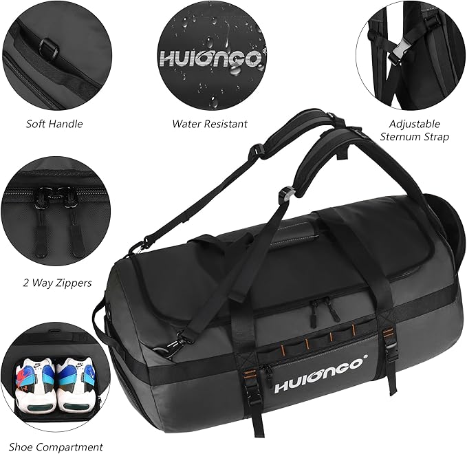 Hulongo 40L/60L/90L Large Waterproof Duffle Bag Backpack for Men, Mens Duffel Backpack Bags for Traveling, Heavy Duty (Black, 90l)