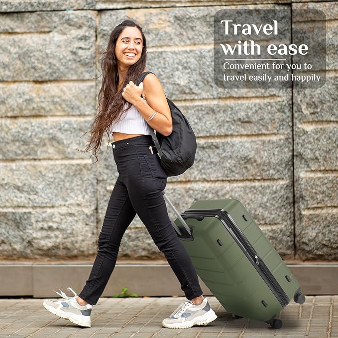 NEWBULIG 24 Inch Checked Luggage, ABS Hard Shell Lightweight Rolling Expandable Suitcase with Smooth Spinner Wheels and TSA Lock for Business Trips and Daily Vacations, Green