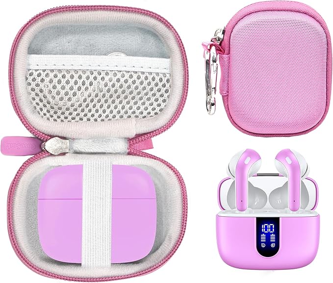 Case for TAGRY X08 Bluetooth Headphones True Wireless Earbuds 60H, mesh Pocket for Charge Cable (Pink)