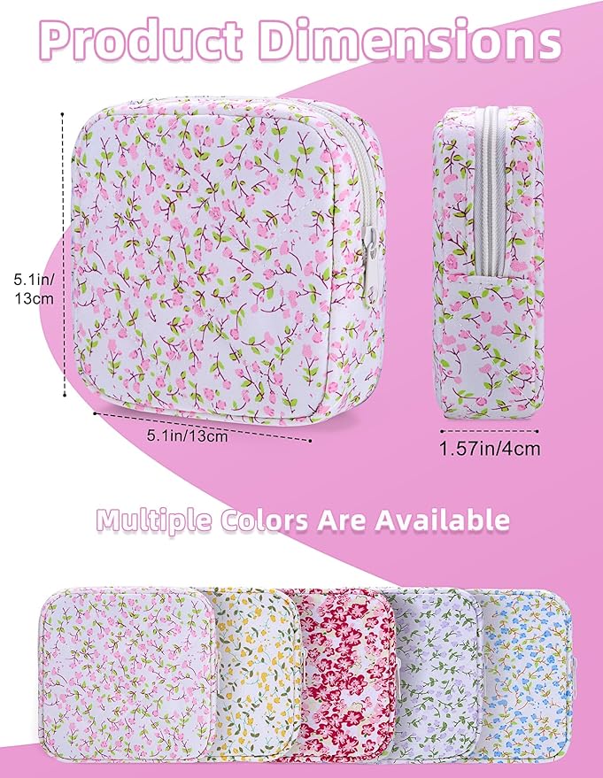 Period Bag for Girls, Quilted Period Pouch for Women, Floral Sanitary Napkin Storage Bag Menstrual Pad Pouches Tampon Holder for Purse Pad Bag Gifts for Teen Girls(Pink)