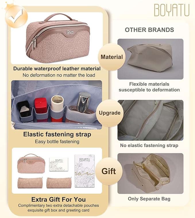 BOYATU Travel Makeup Bags Cosmetic Organizer Bag: 3-Set Large Capacity Make up Bag - PU Leather Toiletry Bags for Women - Wide Open Portable Pouch with Divider & Handle (A-Light Pink)
