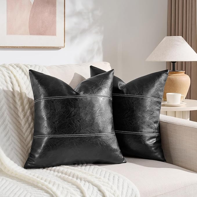 Fancy Homi Black Boho Faux Leather Decorative Throw Pillow Covers 18x18 Inch for Living Room Couch Bed Sofa, Rustic Modern Farmhouse Home Decor, Hand Stitched Square Cushion Case 45x45 cm