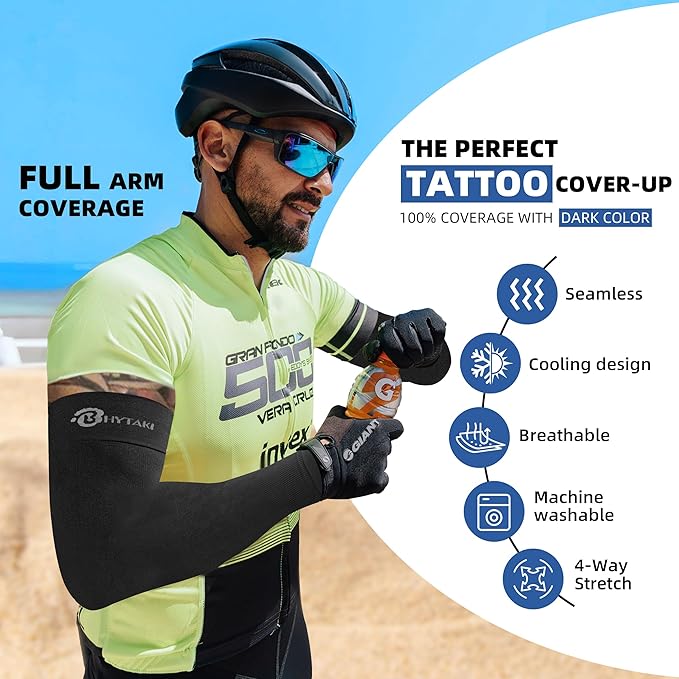 BHYTAKI Cooling Compression Arm Sleeves for Men Women,UPF50 UV Sun Protection Sleeves for Work Sport Tattoo Cover Up