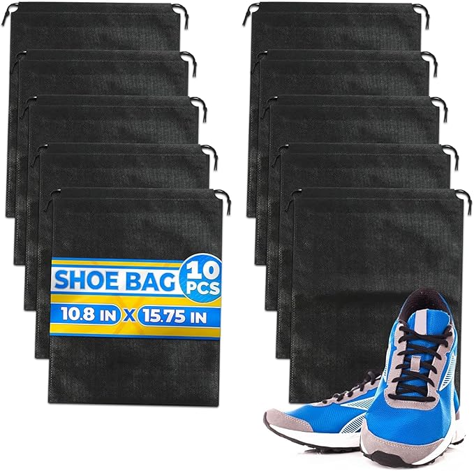 10 Pack Travel Shoe Backpack Set – Non-Mesh Solid 11.8"x15.75" Waterproof Drawstring Shoe Bags for Travel, Clothes, or Wet Gear – Lightweight Storage Organizer and Packing Essential for Women & Men