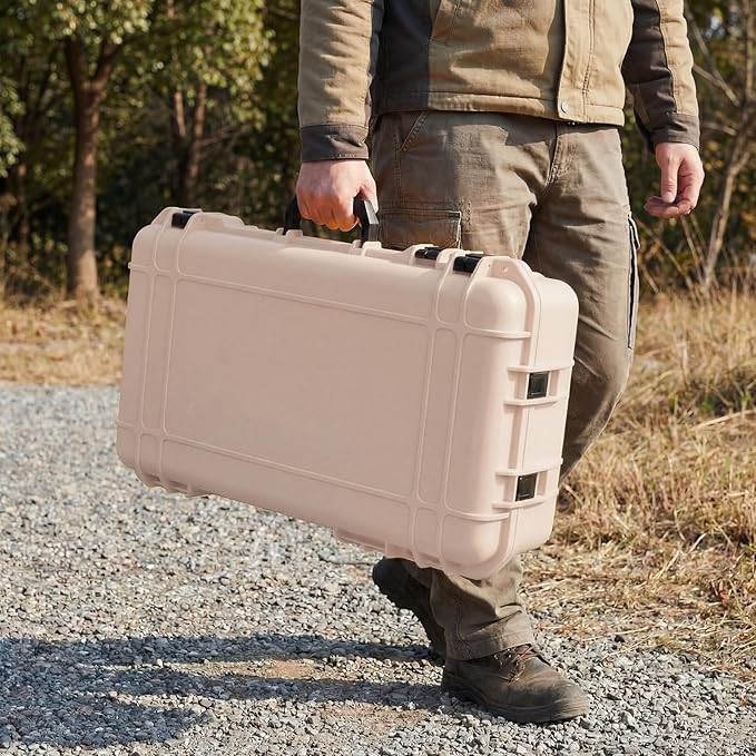 Relaxweex 1 Pcs Waterproof Hard Case with DIY Customizable Foam Insert Portable Protective Case with Knife for Camera Drones Equipments Tools Test Instruments(Tan,22.4 x 16.1 x 10.2 Inch)