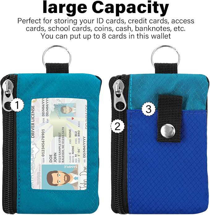 Minimalist RFID Wallet with Lanyard, Multi-Functional ID Case with 2 Zipper Pockets and Key Chain for Men and Women, Tactical Badge Pouch Cards Holder, Coin Purse for Travel Sports - Blue