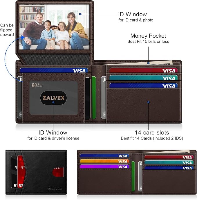 Wallet for Men Slim RFID Blocking Leather Credit Card Holder Wallet for 14 Cards, Bifold Minimalist Thin Wallet with 2 ID Windows & Cash Slot, Front Pockt Carteras Para Hombres, Birthday Gifts for Men