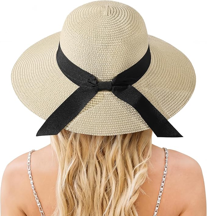 Beach Hat for Women, Wide Brim Sun Straw Hats for Women, Sun Hat Womens UPF 50+ UV Protection, Floppy Foldable Summer Hats