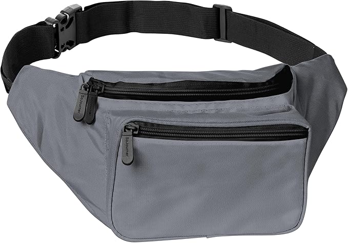 Gray Fanny Pack Belt bag - Crossbody Waist Bag for Men or Women - Hands-Free, Waterproof Large Bumbag for Hiking, Running, and Travel
