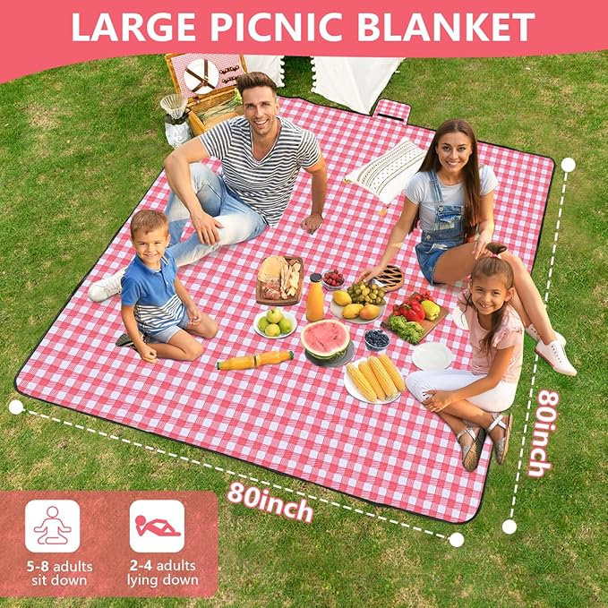 OBTANIM Extra Large Picnic Blanket 80 x 80 Inch Waterproof Foldable Beach Blankets Outdoor Picnic Mat for Camping Grass Lawn Park Music Festival Party Accessories (Red and White)