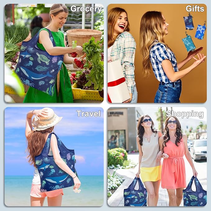HOLYLUCK Reusable Grocery Bags,Heavy Duty Foldable Shopping Tote Bag (Standard, 3 Whales)