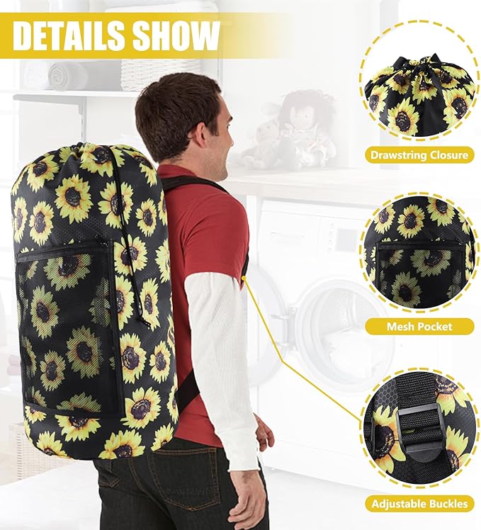 Olosar Laundry Bag Backpack, Extra Large Travel Laundry Bag with Mesh Pocket & Adjustable Shoulder Straps,Dirty Clothes Travel Bag for College Students Dorm,Apartment(Sunflower)