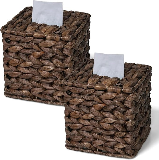 2 Pack Tissue Box Cover, Square Wicker Tissue Box Holder Facial Tissues Boxes, Hand Woven Napkin Box Tissue Holder for Bathroom Bedroom Office Table Desk Night Stand, Boho Decorative, Brown