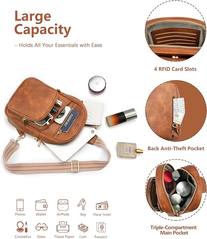 Anti Theft Crossbody Bags for Women,RFID Sling Bag Travel Purse,Vegan Leather Cross Body Purses Chest Bag for Travel(Pure Brown)