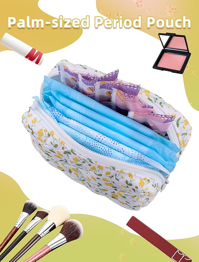 Period Bag for Girls, Quilted Period Pouch for Women, Floral Sanitary Napkin Storage Bag Menstrual Pad Pouches Tampon Holder for Purse Pad Bag Gifts for Teen Girls(Yellow)