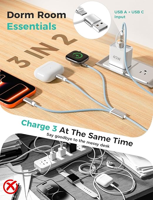 Travel Essentials,3 in 2 USB C Cable for Apple Watch Charger,iPhone Charger,Multi Charging Cable,Cruise Vacation Camping Essentials,Portable for iWatch Series 11-2/Ultra/SE & iPhone 17-12,Car,Blue