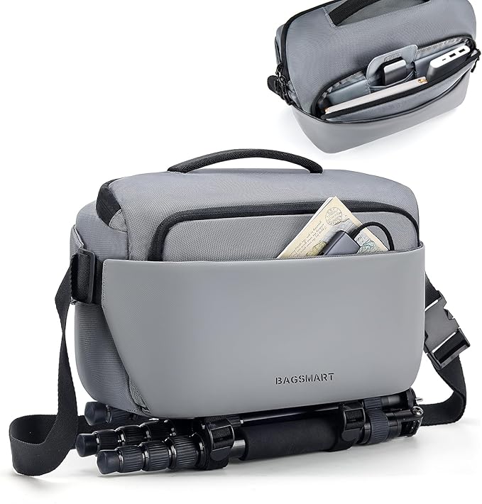 BAGSMART Camera Sling Bag, Small Camera Bags for Photographers with Tripod Holder, Waterproof DSLR/SLR/Mirrorless Camera Bags Crossbody with Rain Cover, Compatible with Canon Sony Nikon, Gray