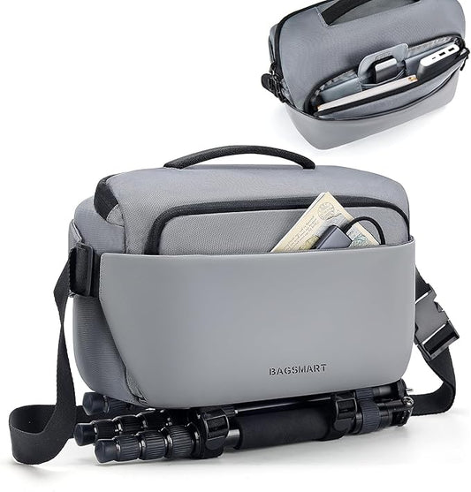 BAGSMART Camera Sling Bag, Small Camera Bags for Photographers with Tripod Holder, Waterproof DSLR/SLR/Mirrorless Camera Bags Crossbody with Rain Cover, Compatible with Canon Sony Nikon, Gray