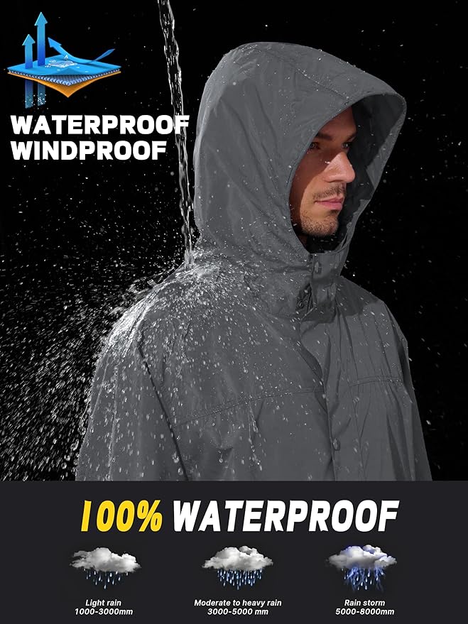 UIQUR Men's Rain Jacket Lightweight Long Raincoat Hood Rain Poncho Waterproof Windbreaker Cycling Running Hiking Packable