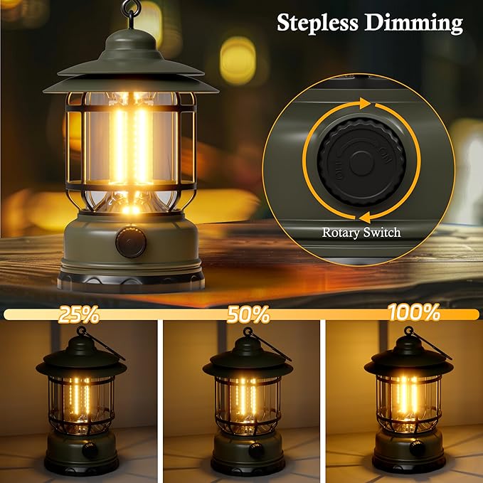 Camping Lanterns Battery Powered, 3 Pack Green LED Rechargeable Lantern with Stepless Dimming, Vintage Portable Camping Lights for Emergency, Fishing, Camping, Hiking, Outage, IPX4 Waterproof