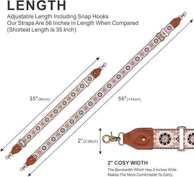 Nefelibata Purse Strap-2"Crazy Horse Leather Bag Strap Adjustable Replacement,Retro Jacquard Embroidery Crossbody Straps