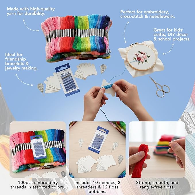 Incraftables Embroidery Thread for Bracelets 100pcs. Embroidery Kit for Friendship Bracelets String Making. Embroidery Floss Kit w/Needles, Threaders & Yarn Tools. Best Cross Stitch Rainbow Skeins