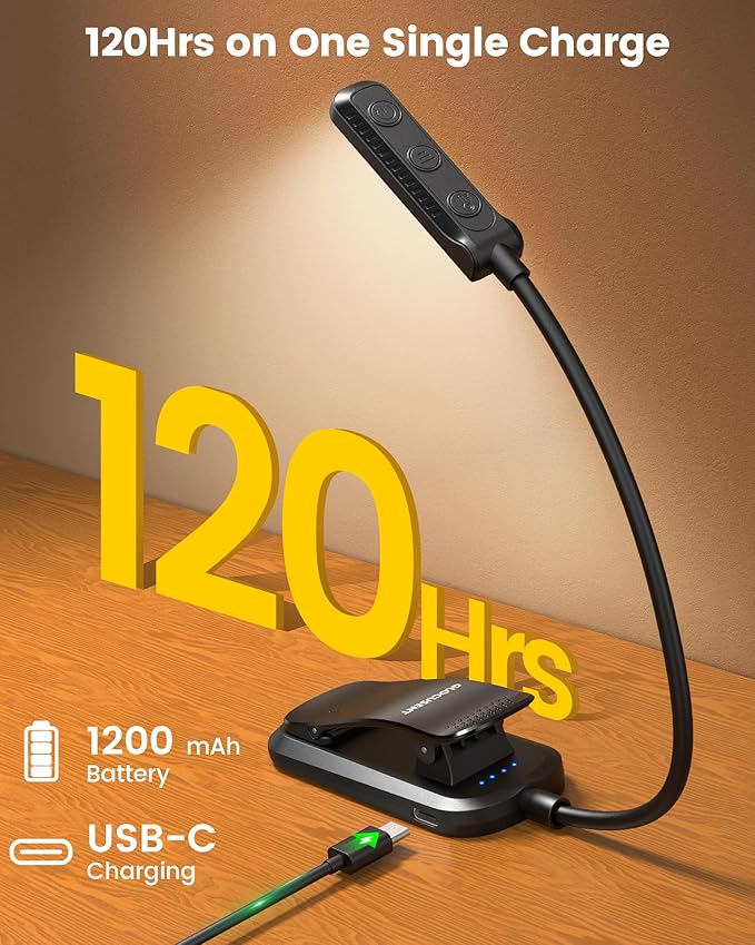 Glocusent 13 LED Rechargeable Book Light for Reading at Night, Eye-Caring 3 Amber Colors & Stepless Dimming, Lasts 1 Week to 2 Months, Travel Clip on Lamp, Gifts for Book Lovers, Men, Women & Kids