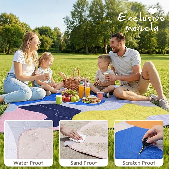 Exclusivo Mezcla Extra Large Waterproof Picnic Blankets 3 Layer, Sandproof and Foldable Outdoor Blanket for Beach Camping, Park and Travel
