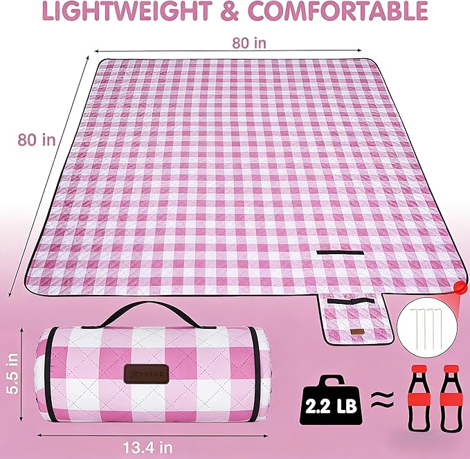 HX&OD Outdoor Picnic Blanket, Extra Large, 80''x80'' Waterproof Foldable Blankets Gingham Picnic Mat for Beach, Camping Grass Lawn Park Accessories Cute Couple Ideas Wedding (Pink, 80”x80”)