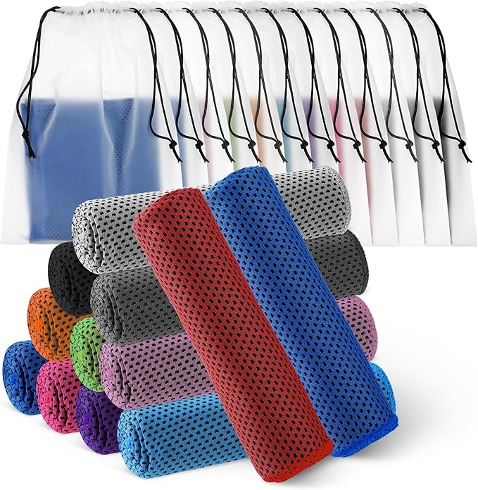 Hosuly 12 Pcs Cooling Towels for Face and Neck 12 x 40 Inch Workout Towels for Gym Fast Drying Hot Weather Sweat Rag Cold Cooling Cloth with 12 Bags Athletes Sport Yoga Golf(Mixing Colors)