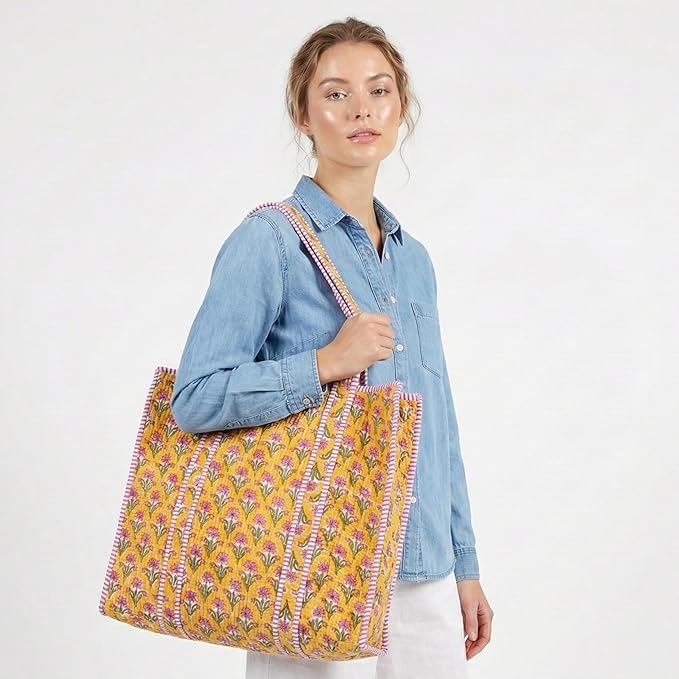 ATOSII Women Handblock Print Quilted 100% Cotton Floral Large Shoulder Tote Bag with Pocket, Zipper for Work, Beach & Travel