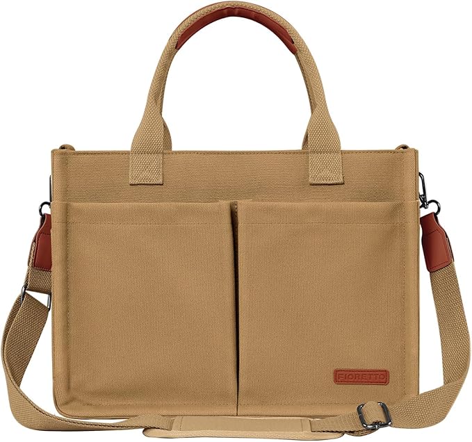 FIORETTO Womens Canvas Tote Bag Purse with Individual Compartment, Zipper Top, Reinforced Bottom & Luggage Sleeve