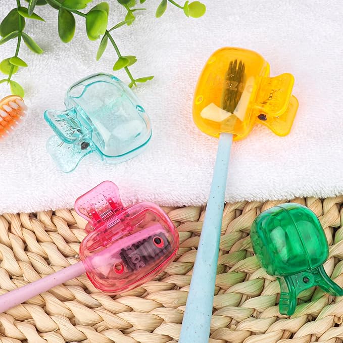 4 Pack Travel Toothbrush Head Covers Toothbrush Protector Cap Brush Pod Case Protective Portable Plastic Clip for Household Travel, Bathroom, School, Camping, Business (Green, Teal, Orange, Pink)