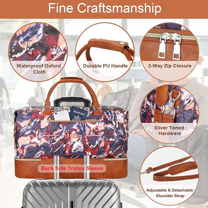 ITIEZY Weekender Overnight Bag for Women - Large Travel Duffel Bag with Shoe Compartment, Gym Duffel Bag Hospital Bag Carry On Tote Bags for Airplanes with Crossbody Bag Toiletry Bag 3Pcs Set