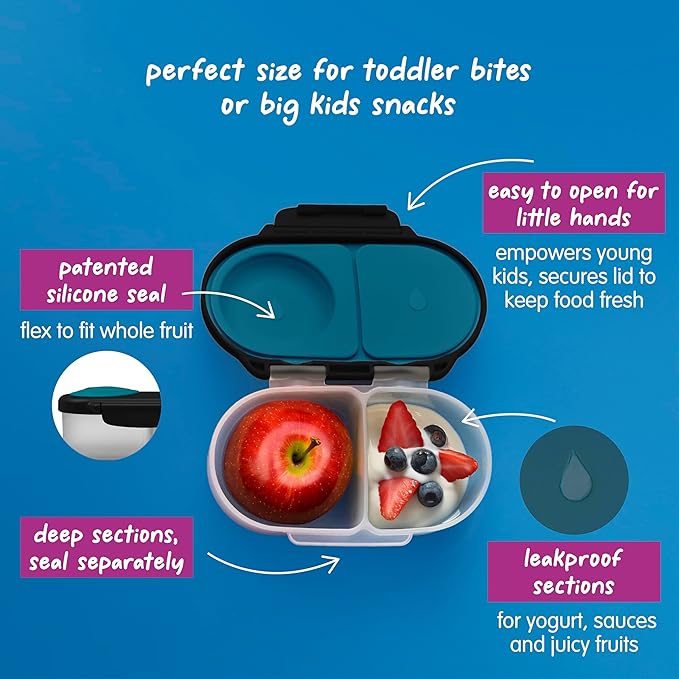 b.box Snack Box - Leakproof Mini Bento Box for Kids & Toddlers, 2 Compartment Snack Containers for Kids, Lunch Containers, Dishwasher Safe, BPA Free, PFAS Free, Ages 4m+, 1 3/4 Cup - Night Vision