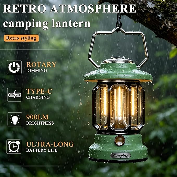 Rechargeable Camping Lantern Outdoor 1200LM, 3600mAh LED Dimmable Warm & White Modes, Retro Tent Lamp Hanging Lights for Outside, Rustic Decor, Powered Lanterns Lighting for Garden Patio Decorative