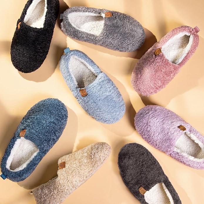 EverFoams Women’s Soft Curly Full Slippers Memory Foam Lightweight House Shoes Cozy Loafer with Polar Fleece Lining